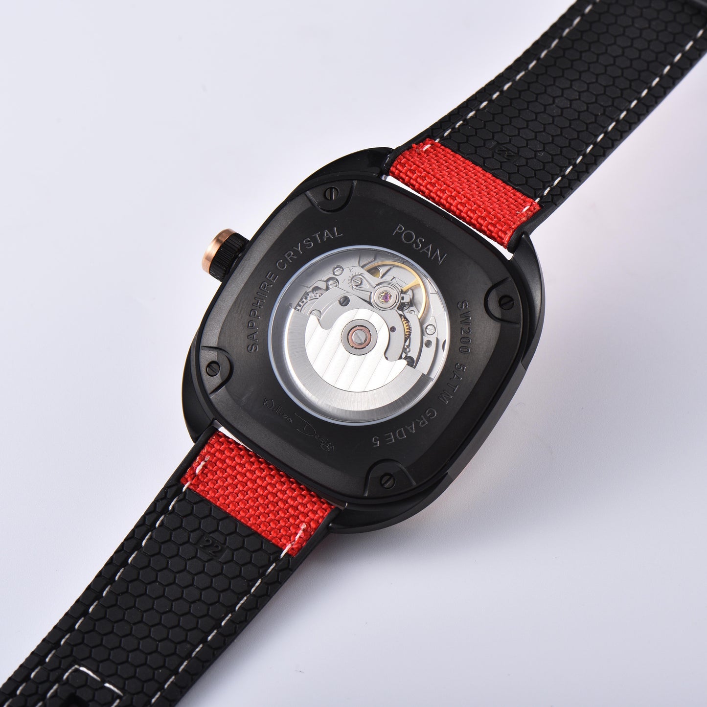 POSAN Automatic Watch PSW-008G Red Square-Shaped Titanium Watch with Spherical Sapphire Crystal & Open-Heart SW200 Movement