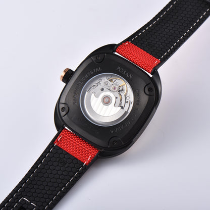 POSAN Automatic Watch PSW-008G Red Square-Shaped Titanium Watch with Spherical Sapphire Crystal & Open-Heart SW200 Movement