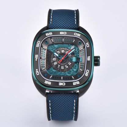 POSAN Automatic Watch PSW-008G Black Square-Shaped Titanium Watch with Spherical Sapphire Crystal & Open-Heart SW200 Movement