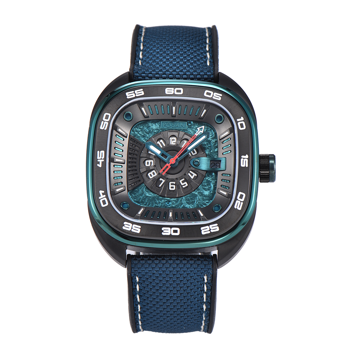 POSAN Automatic Watch PSW-008G Teal Square-Shaped Titanium Watch with Spherical Sapphire Crystal & Open-Heart SW200 Movement