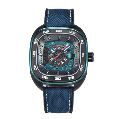 POSAN Automatic Watch PSW-008G Teal Square-Shaped Titanium Watch with Spherical Sapphire Crystal & Open-Heart SW200 Movement