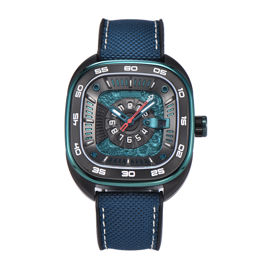 POSAN Automatic Watch PSW-008G Teal Square-Shaped Titanium Watch with Spherical Sapphire Crystal & Open-Heart SW200 Movement