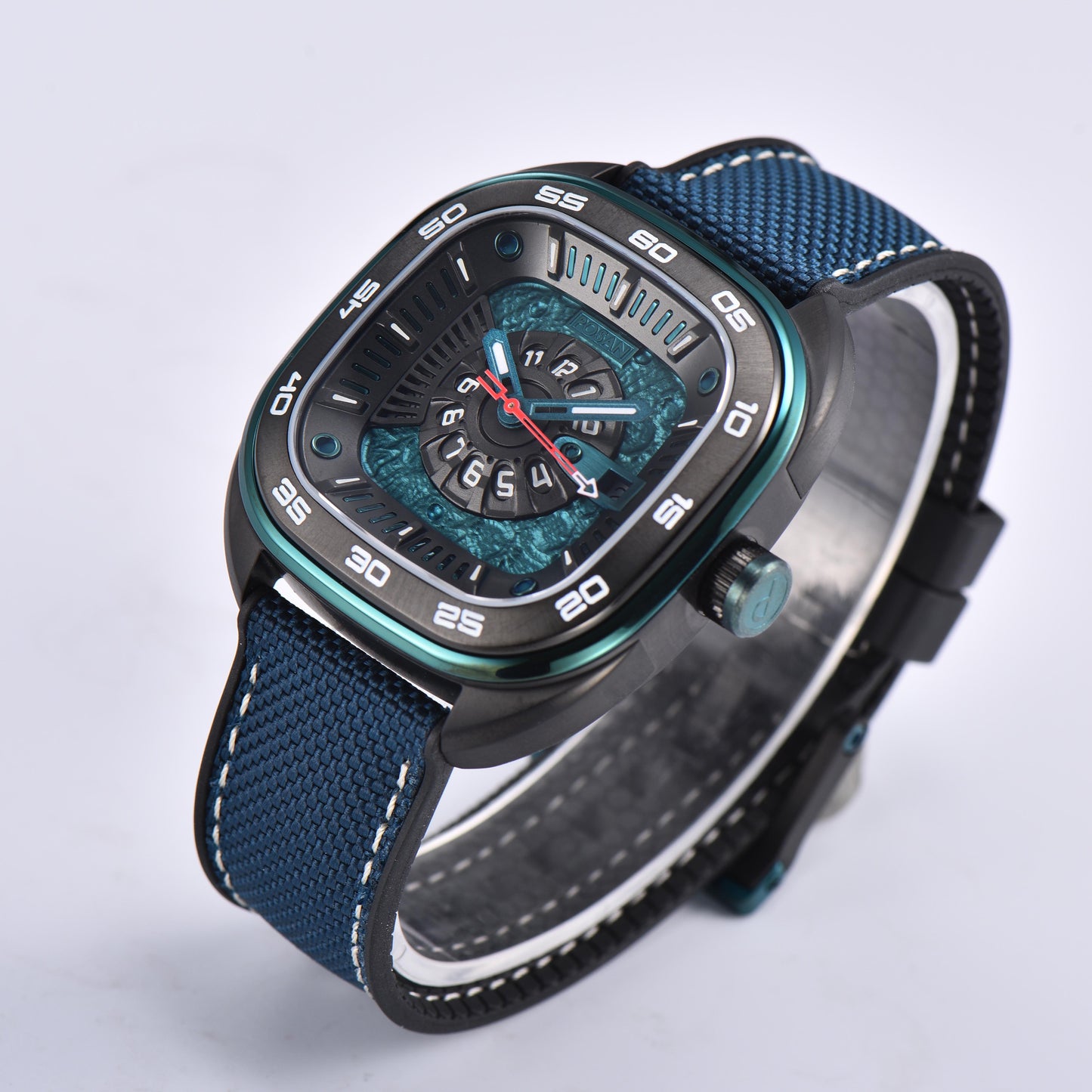 POSAN Automatic Watch PSW-008G Teal Square-Shaped Titanium Watch with Spherical Sapphire Crystal & Open-Heart SW200 Movement