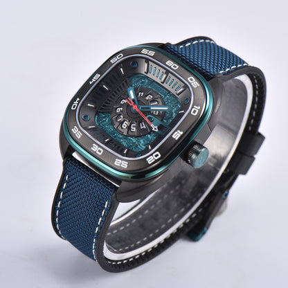 POSAN Automatic Watch PSW-008G Teal Square-Shaped Titanium Watch with Spherical Sapphire Crystal & Open-Heart SW200 Movement