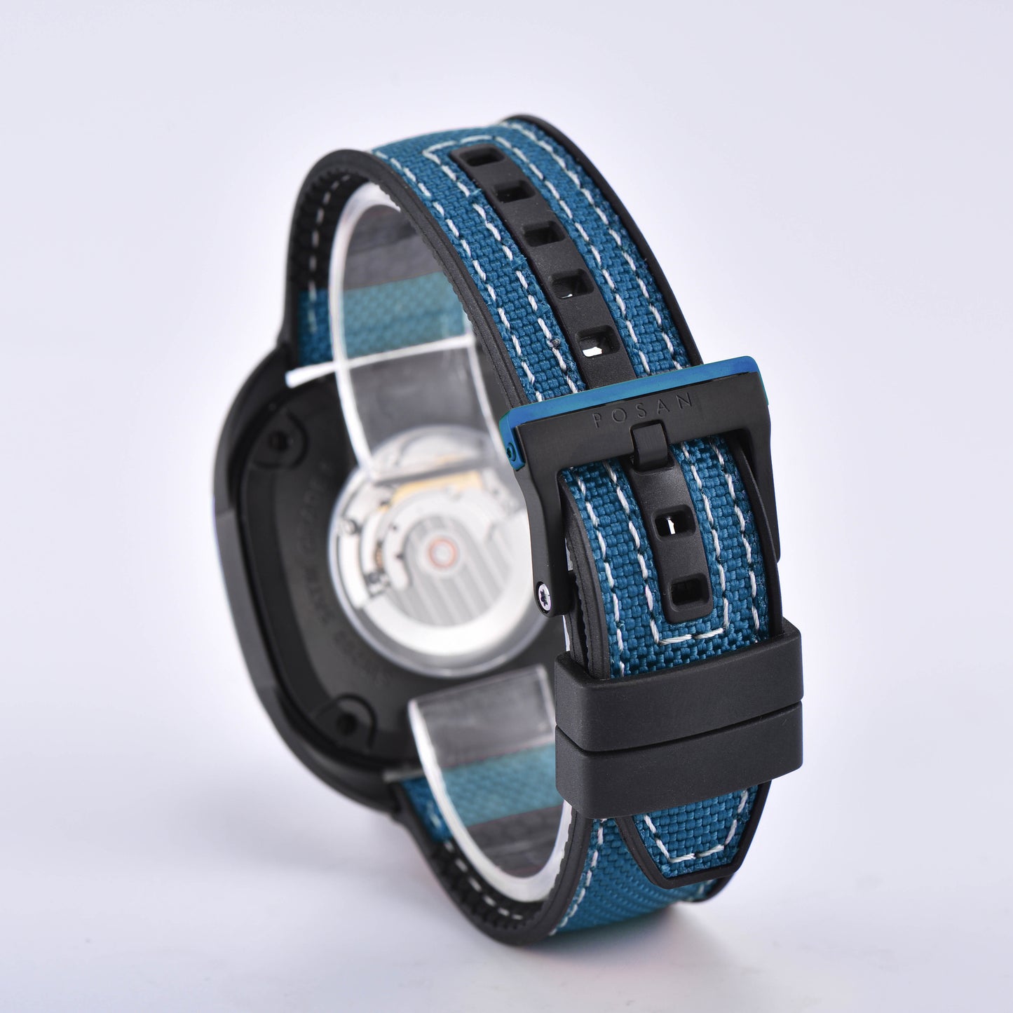POSAN Automatic Watch PSW-008G Teal Square-Shaped Titanium Watch with Spherical Sapphire Crystal & Open-Heart SW200 Movement