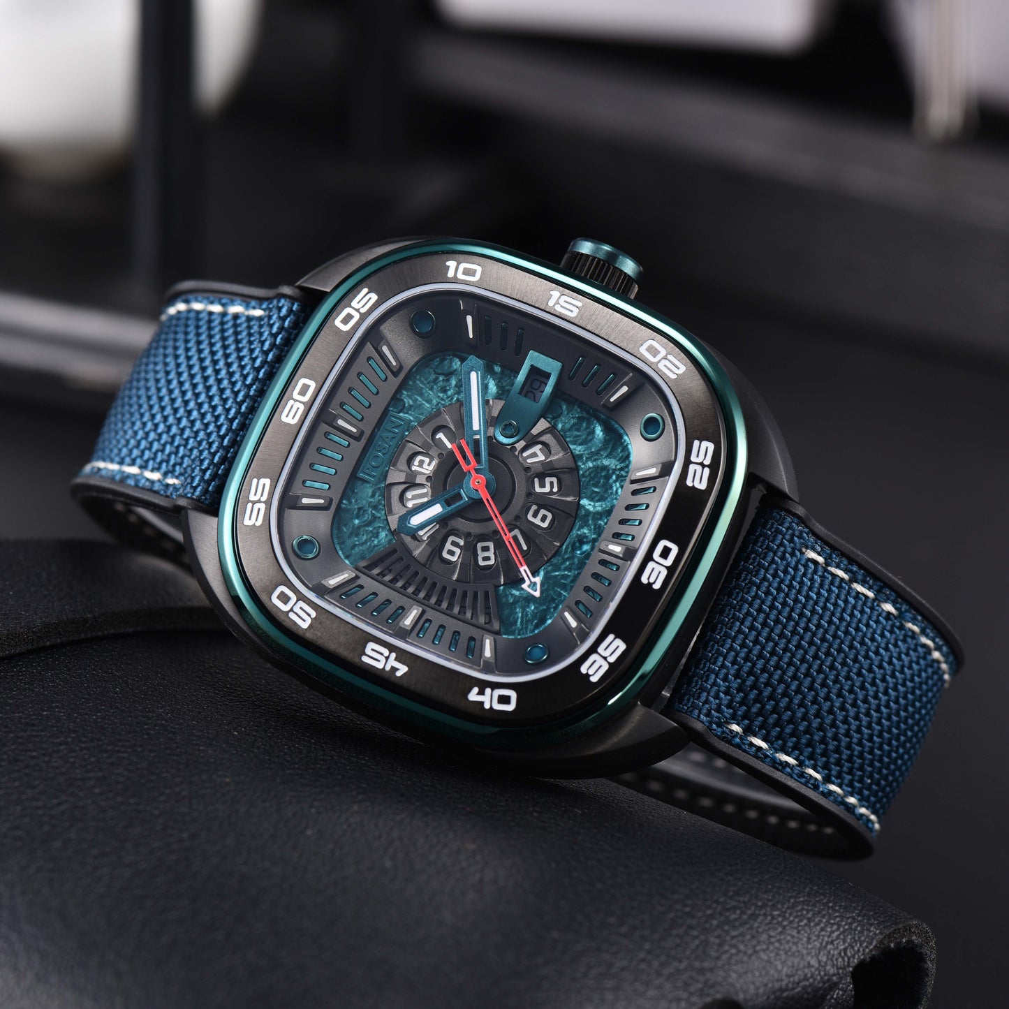 POSAN Automatic Watch PSW-008G Teal Square-Shaped Titanium Watch with Spherical Sapphire Crystal & Open-Heart SW200 Movement
