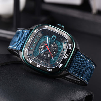 POSAN Automatic Watch PSW-008G Teal Square-Shaped Titanium Watch with Spherical Sapphire Crystal & Open-Heart SW200 Movement