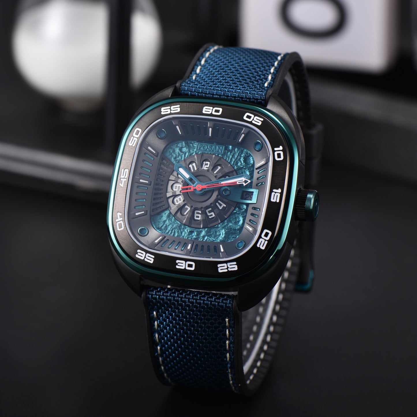 POSAN Automatic Watch PSW-008G Teal Square-Shaped Titanium Watch with Spherical Sapphire Crystal & Open-Heart SW200 Movement
