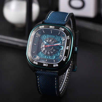 POSAN Automatic Watch PSW-008G Teal Square-Shaped Titanium Watch with Spherical Sapphire Crystal & Open-Heart SW200 Movement