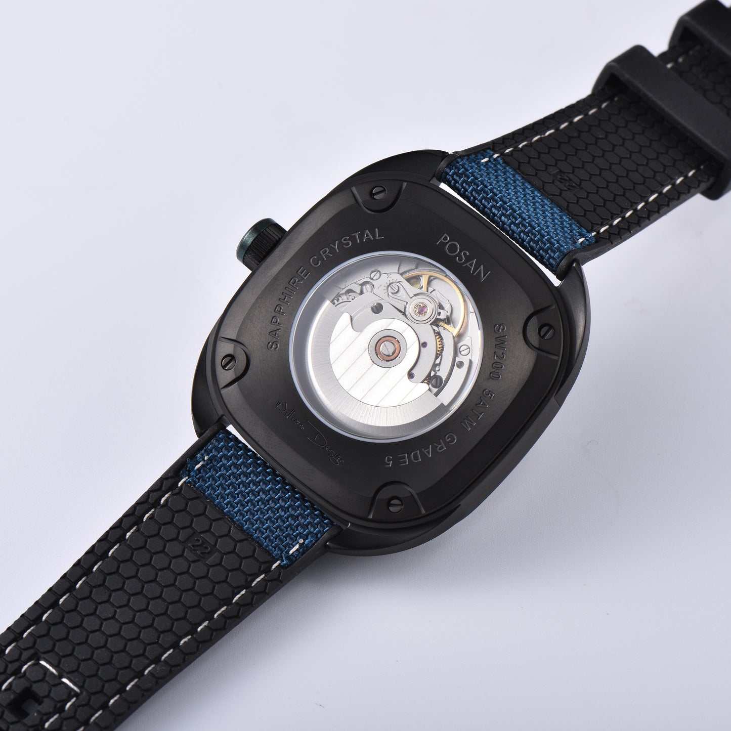 POSAN Automatic Watch PSW-008G Teal Square-Shaped Titanium Watch with Spherical Sapphire Crystal & Open-Heart SW200 Movement