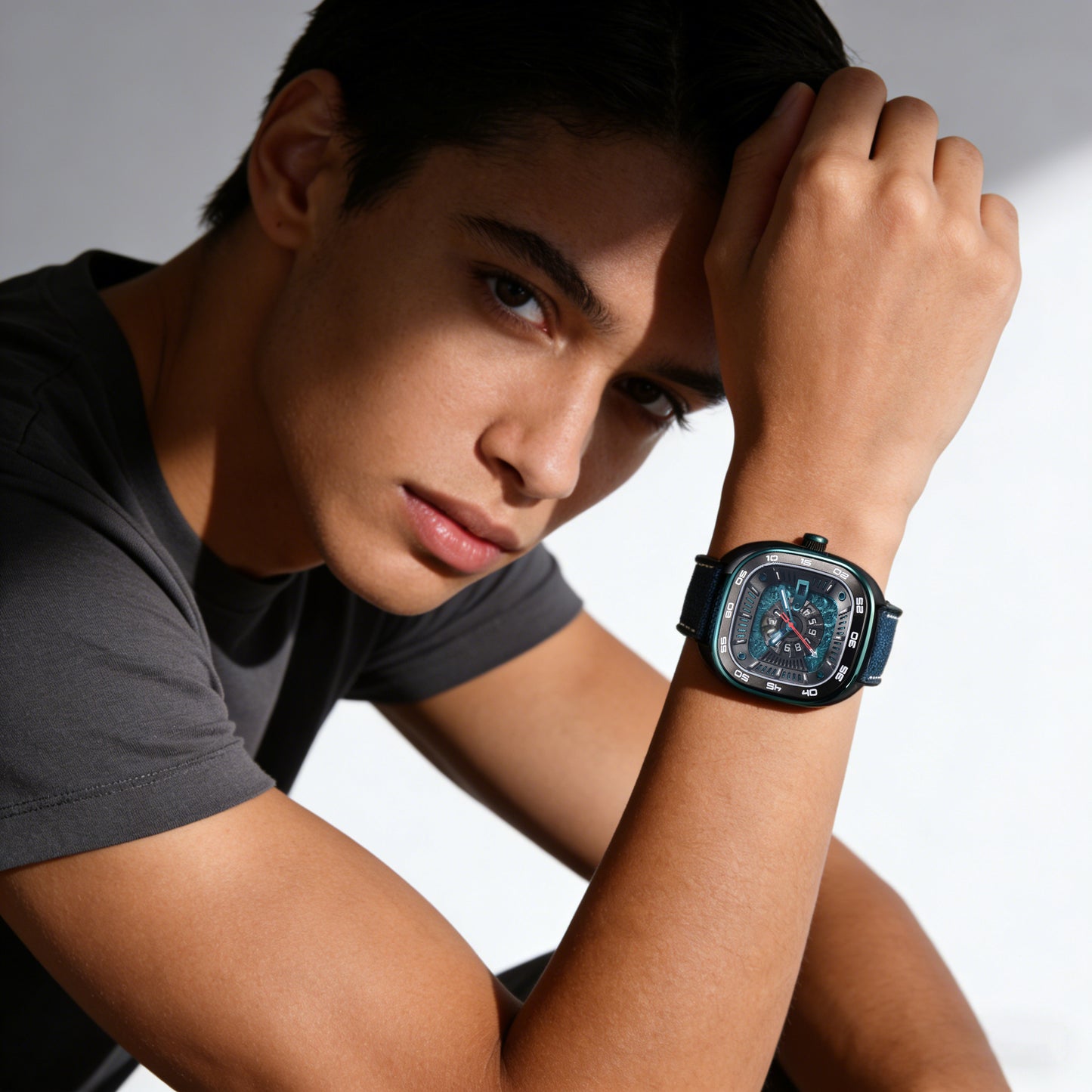 POSAN Automatic Watch PSW-008G Teal Square-Shaped Titanium Watch with Spherical Sapphire Crystal & Open-Heart SW200 Movement